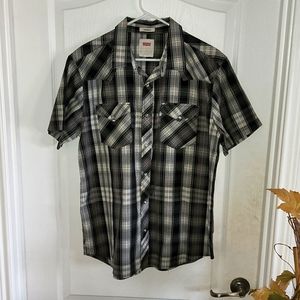Large Levi's button down shirt. It's mostly gray and black.